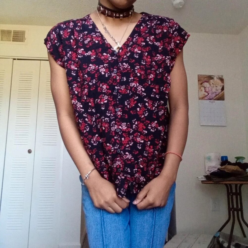 Black and red floral blouse with a touch of whimsy